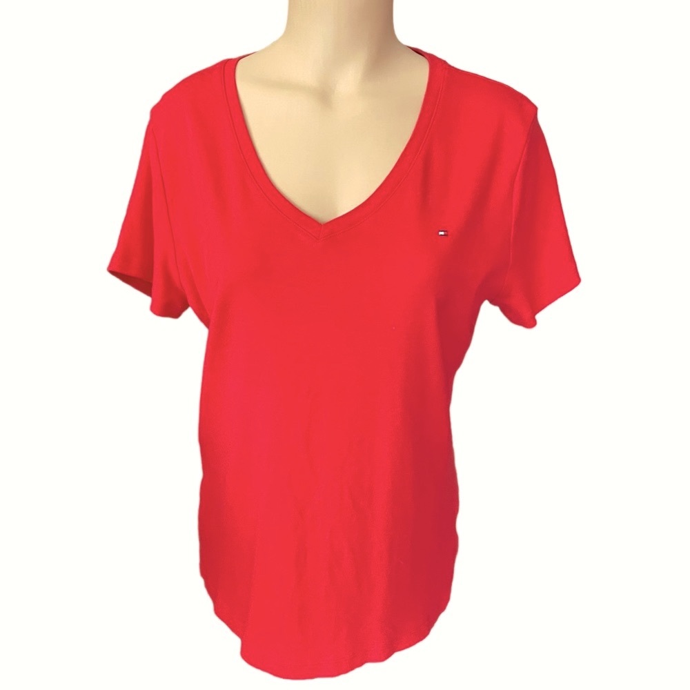 TOMMY HILFIGER Top Cap Sleeve Red V-neck Size XL